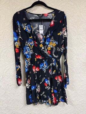 Express Long-Sleeve Black Floral Wrap Dress with Blue, Red & Yellow Blooms